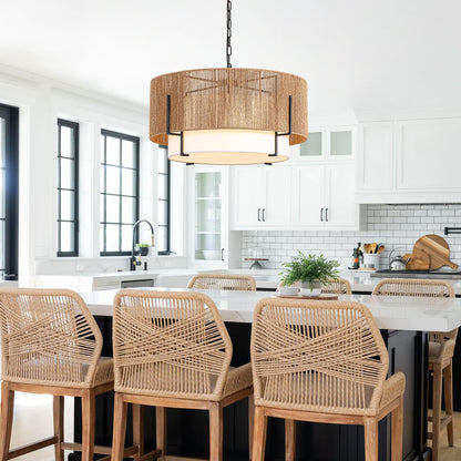25.6" Large Rattan Chandelier, 6-Light Boho Pendant Light with Fabric Shade, Farmhouse Rattan Hanging Ceiling Light Fixture for Dining Room, Living Room, Kitchen Island, Bedroom, Hallway, Foyer