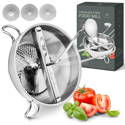 Stainless Steel Food Mill with 3 Discs – Ergonomic Rotary Hand Crank for Tomato Sauce, Applesauce, Baby Food, Mashed Potatoes, Puree & Canning