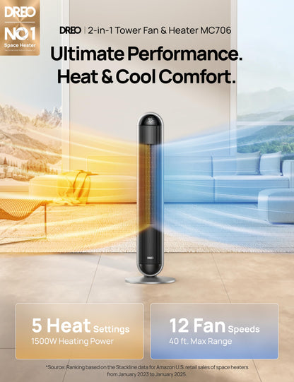 DREO Tower Fan and Heater Combo, 29.2ft/s Standing Fans for Bedroom, 17 Levels, 6 Modes, 120° Oscillation, 42 Inch, 12H Timer, 25dB Quiet, with Remote, for Office, Large Room, Silver