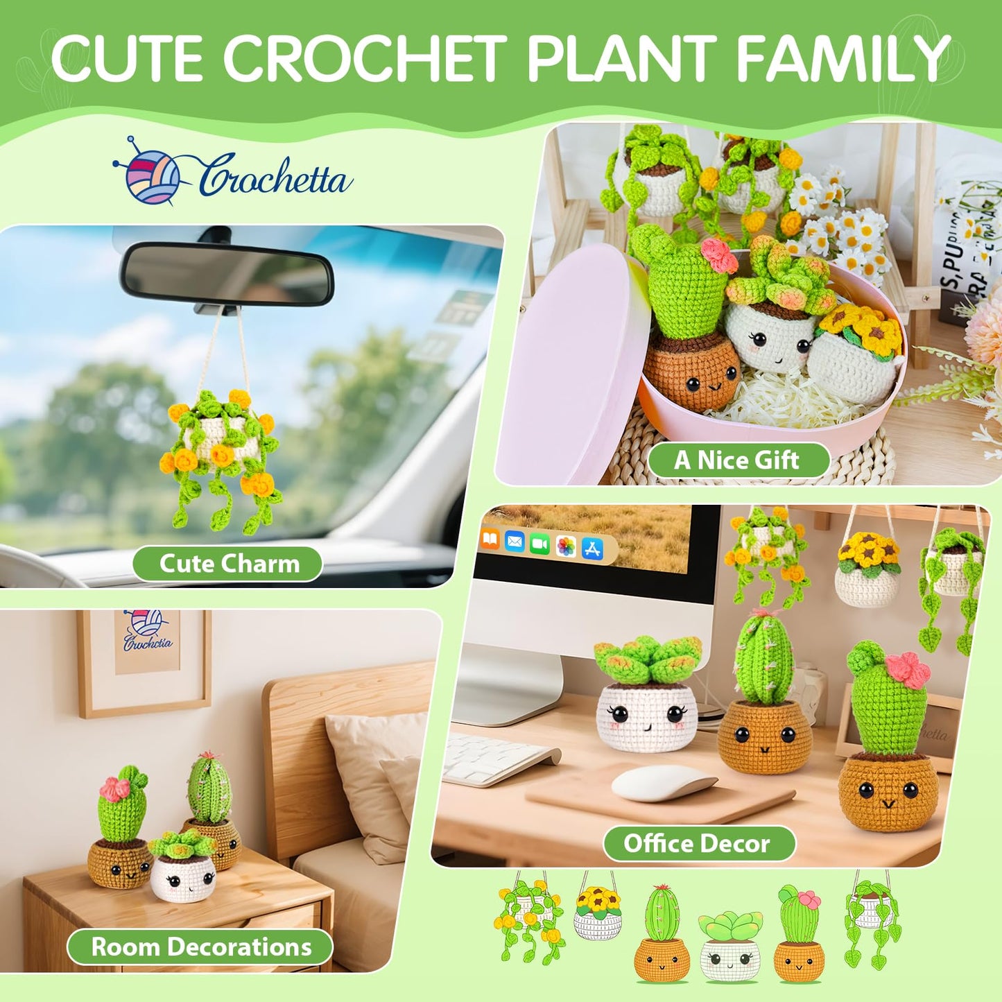 Crochetta Crochet Kit for Beginners, Crochet Starter Kits for Adults, Amigurumi Craft Knitting Crocheting Kits with Step-by-Step Video Tutorials, 6 Pc Hanging Potted Plants Family(40%+ Yarn