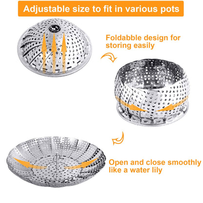 Veggie Vegetable Steamer Basket, Folding Steaming Basket, Metal Collapsible Stainless Steel Steamer Basket Insert, for Cooking Food, Expandable Fit Various Size Pot(5.3" to 8.6") YLYL