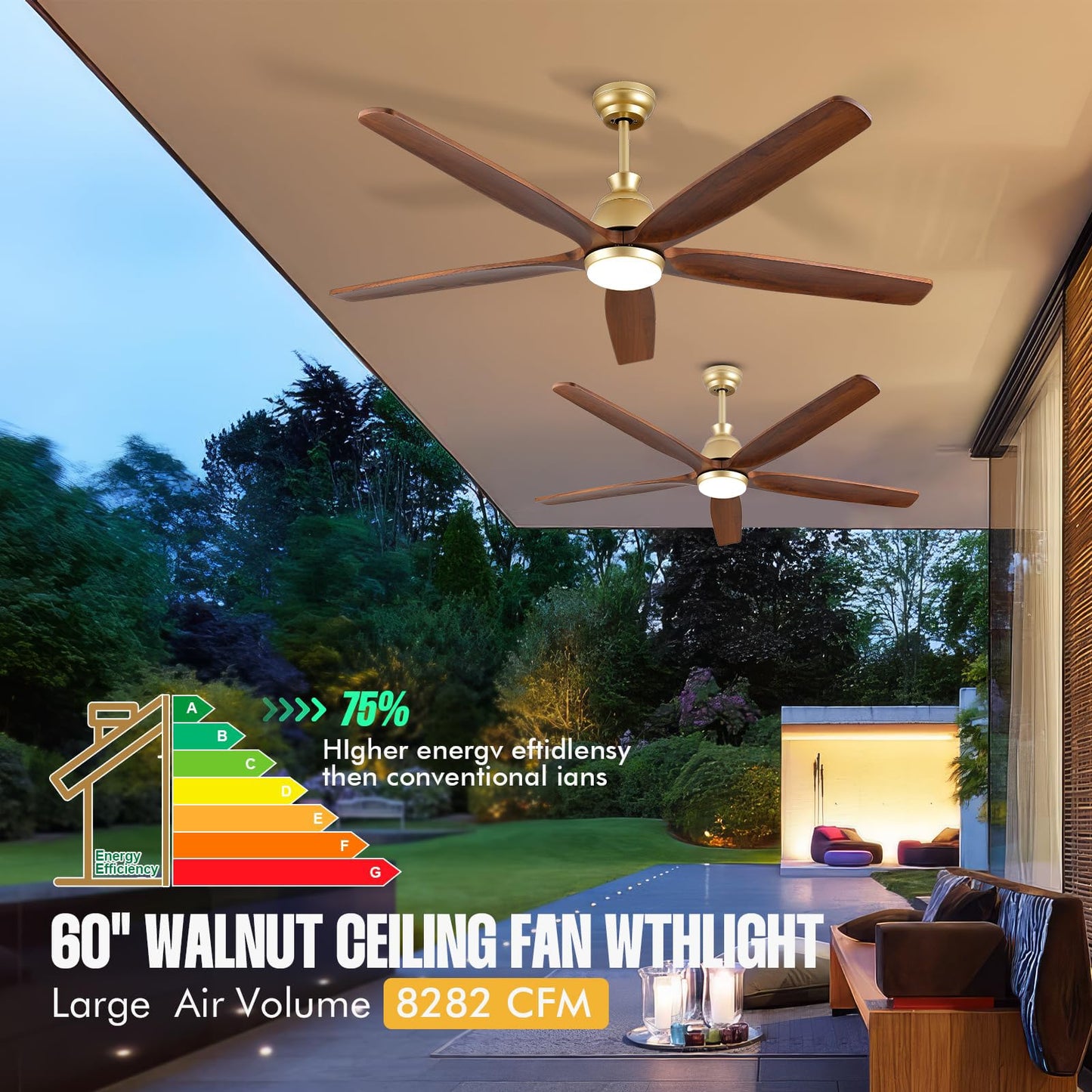 YZEENM 60 Inch Ourdoor Gold Ceiling Fan with Light, 5 Walnut Wood Blade Damp-Rated, Indoor Exterior High CFM Propeller for Patio Farmhouse, 6 Speeds Quiet Reversible DC Motor, for Living Room Porch