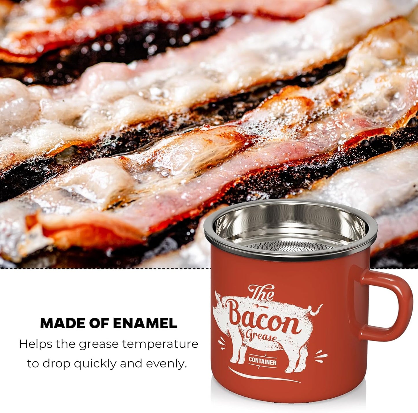 15OZ PGYARD Mini Bacon Grease Container With Strainer - Enamel Grease Saver, Farmhouse Bacon Grease Keeper For Kitchen