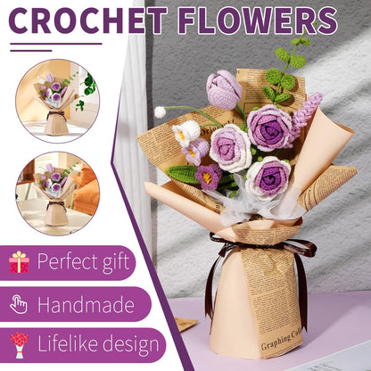 Kogyxe Crochet Kit for Beginners, Purple Rose Crochet Flowers for Adults with Step-by-Step Video Tutorials, DIY Crochet Bouquet Kits Knitting Supplies Include Floral Wire, Newspaper