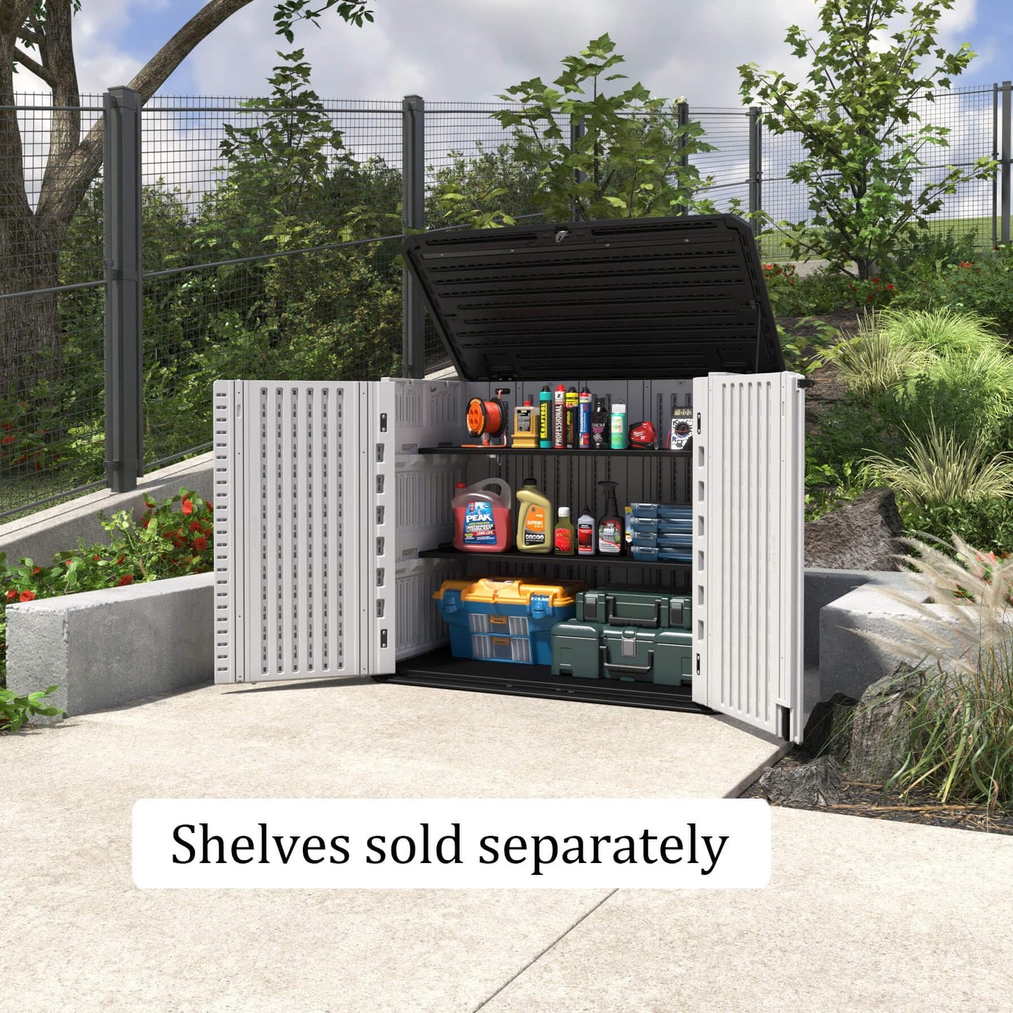 HOMSPARK Storage Shed Weather Resistance, Multi-Purpose Outdoor Storage Cabinet for Backyards and Patios, Horizontal Storage Shed for Lawnmower, Patio Accessories (White 1, Large - 26 cu.ft)