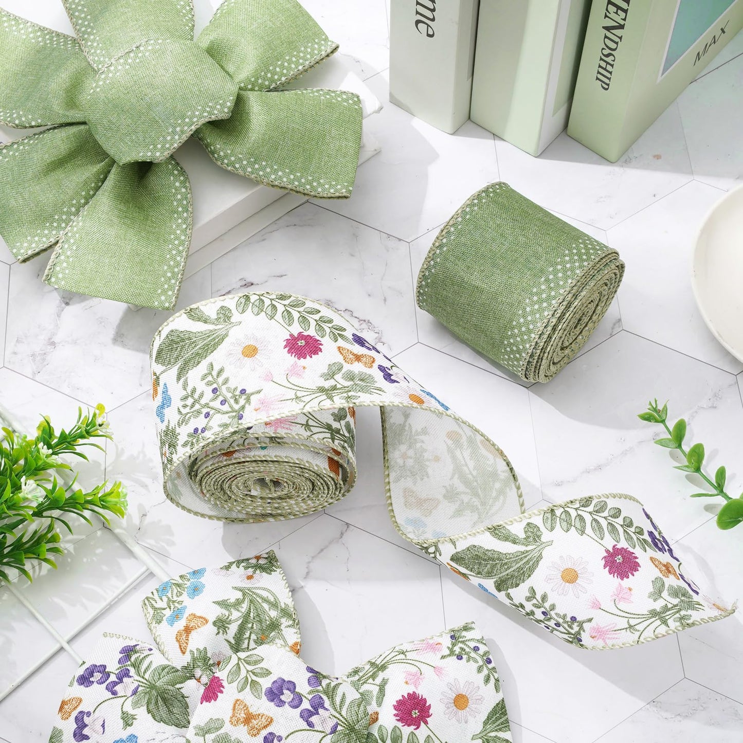 JarThenaAMCS Green Wildflowers Wired Edge Ribbon Retro Wild Floral Craft Ribbon Summer Fabric Ribbon for Spring Wreath Bow Making DIY Wrapping Party Decor Supplies, 2 Rolls, 20 Yard