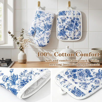 AnyDesign 4Pcs Blue Porcelain Floral Oven Mitts and Pot Holders Set Heat Resistant Non-Slip Potholders Chinoiserie Flower Kitchen Oven Gloves with Hot Pads for Cooking Baking