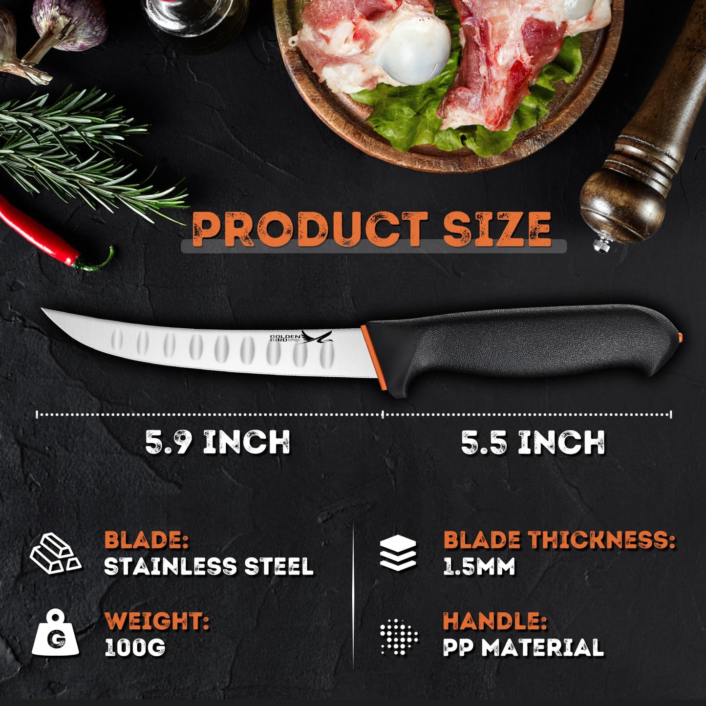 Golden Bird Professional Boning Knife - 6 Inch Stainless Steel Fillet for Meat Cutting, Multifunction Butcher, Granton Edge Breaking, Razor Sharp Chef Knife, Gifts for Men Women