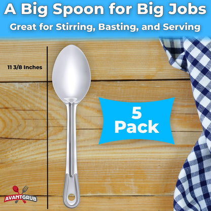 Super Strong, Ergonomic 11 in Serving Spoon 5 Pk. Big, Solid Stainless Steel Spoons for Cooking, Baking and Basting. Best Kitchen Flatware for Buffet and Banquet Service in Restaurants and Homes