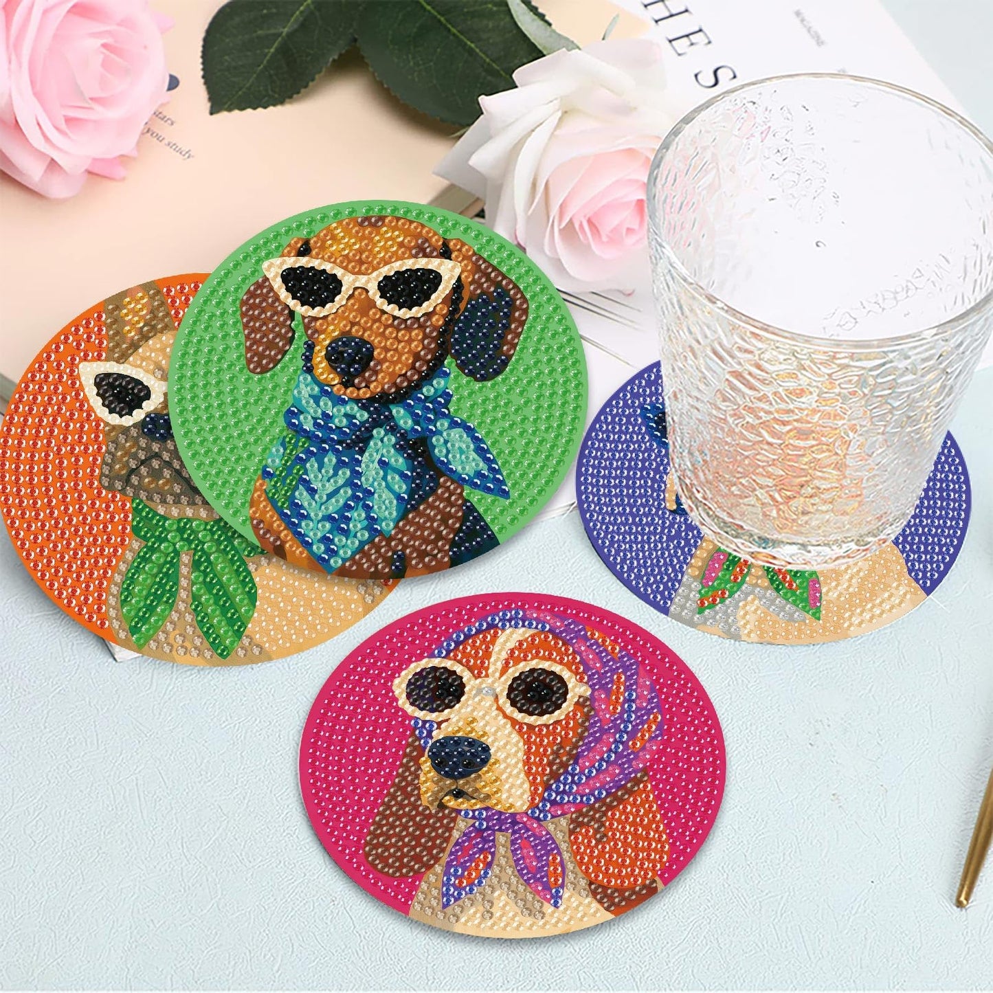 8 Pcs Dog Diamond Painting Coasters Kits with Holder,Dog Wearing Glasses Diamond Art Coasters with Wooden Pad,DIY Round Drill Rhinestone Painting Art Kit Craft for Adults Supplies Gift 4X4 Inch.