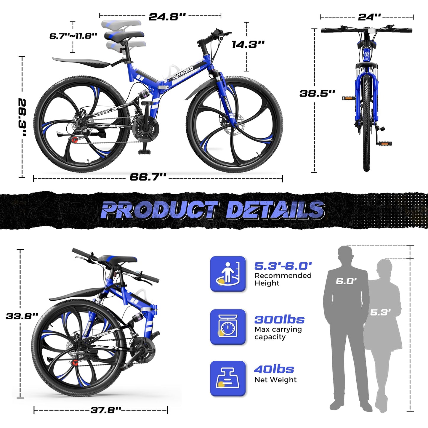 MarKnig 26 Inch Adult Folding Bikes/Mountain Bikes, 21 Speeds Mountain Bicycles with Full Suspension, Dual Disc Brake, High Carbon Steel Frame, Foldable Bike for Men/Women/Teen, Blue