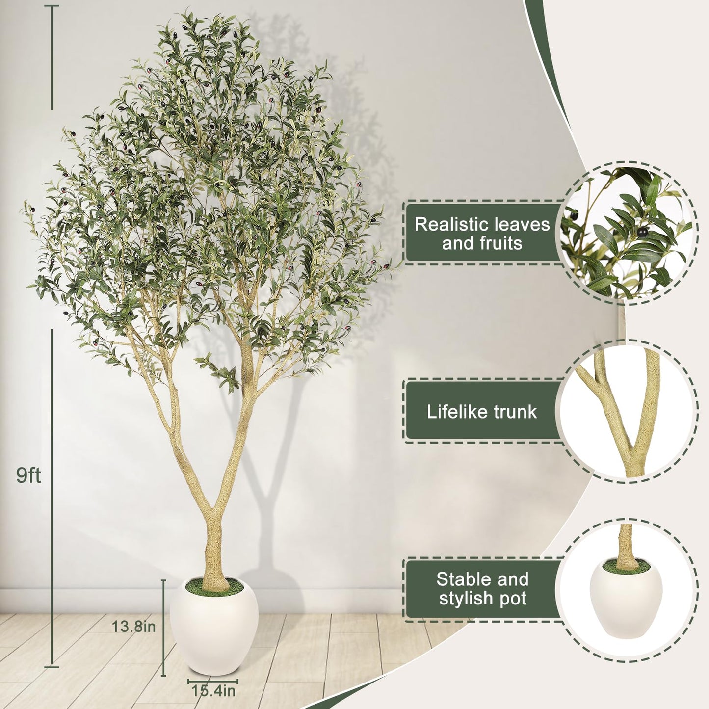 PHYTREE 9ft Artificial Olive Tree with White Planter Included - Large Indoor Floor Plant with Natural Trunk and Fruit Accents for High-Ceiling Living Room and Hallway Corner