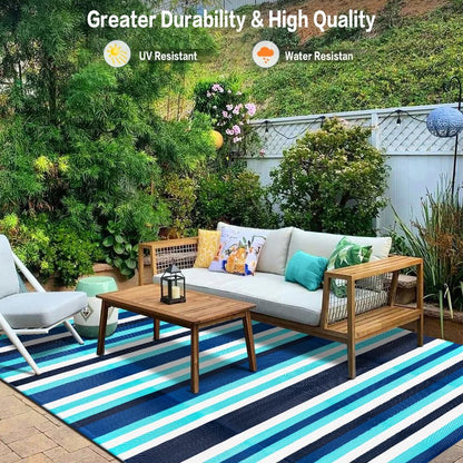 6'x9' HUGEAR Outdoor Waterproof Rug Plastic Straw Rugs Washable Reversible Floor Mat Blue Stripe Carpet for Camping RV