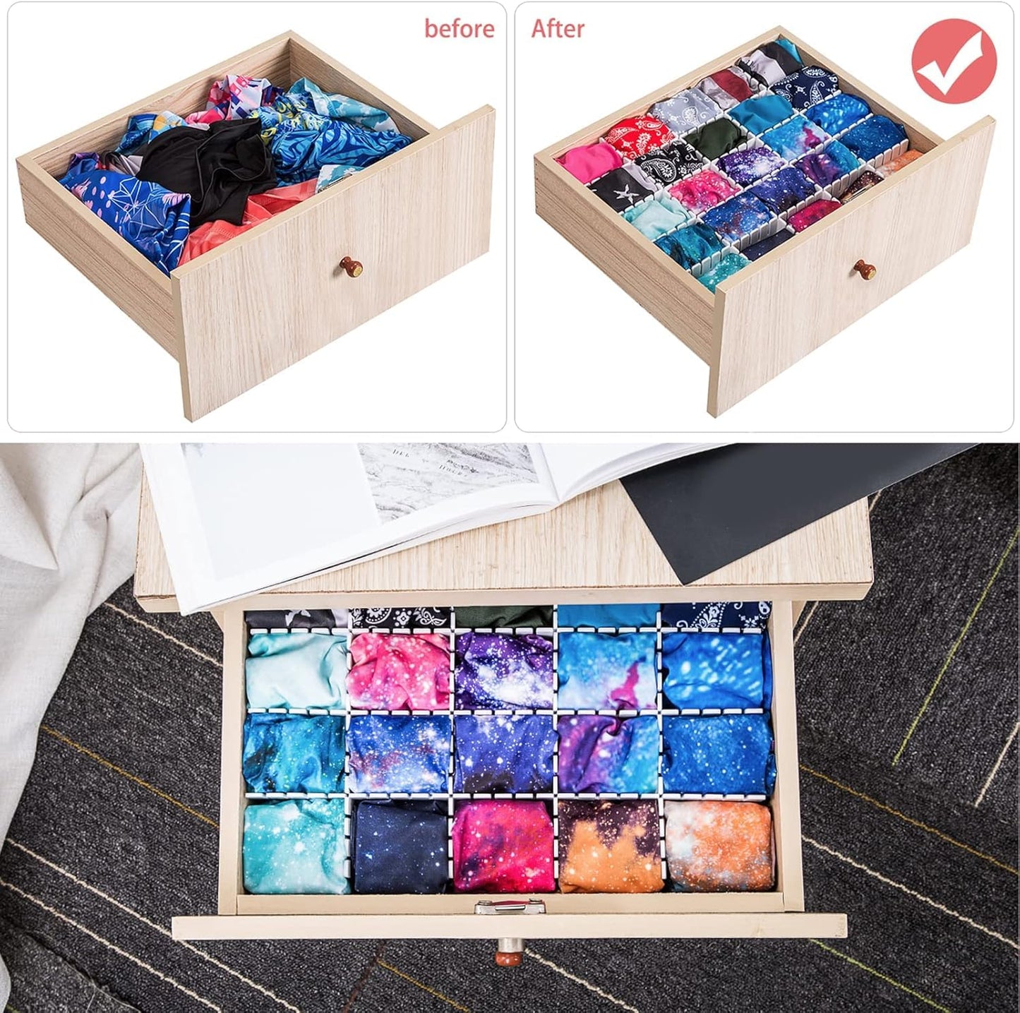 DVHOK 85Pcs Drawer Dividers, Adjustable Drawer Organiser, Cut at Will for Tidying Clutter Clothes, Socks, Makeup, Dresser, Kitchen White