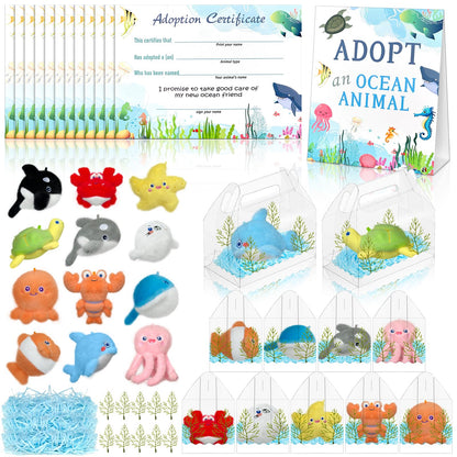 86 Pcs Adopt an Ocean Animal Party Favors Includes 12 Plush Sea Animals 12 Clear Favor Boxes 12 Adoption Cards 1 Adoption Sign Blue Raffia 48 Artificial Water Plants for Kids Sea Animal Adopt Party