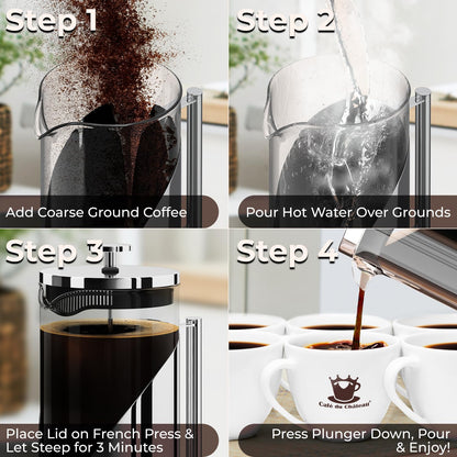 Cafe Du Chateau Stainless Steel French Press Coffee Maker 34 oz - Easy to Use Insulated Coffee Press with 4-Level Filtration, Manual Brewer for Tea, Camping & Travel with BPA Free, Durable Clear Glass