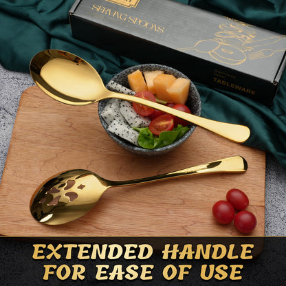 Keyoxy 4 Piece Stainless Steel Serving Spoon Set - 2 Large, 2 Slotted,Dishwasher Safe,10-Inch,Gold, for Parties/Kitchen/Buffet/Catering
