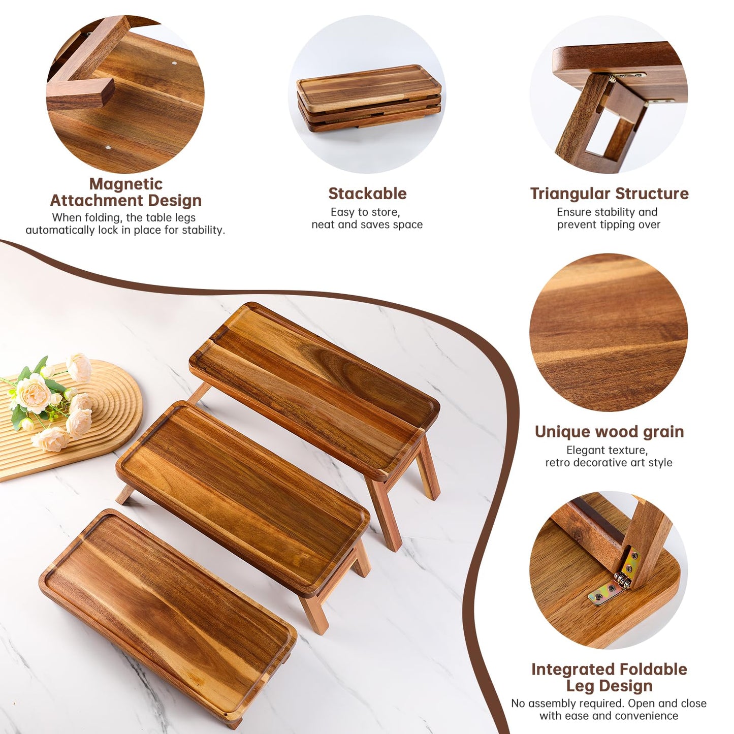 3 Tiered Serving Tray 17 Inch Wooden Cupcake Stand Foldable Dessert Table Display Set Decor Charcuterie Boards Rustic Wood Platters Trays for Party Food Display