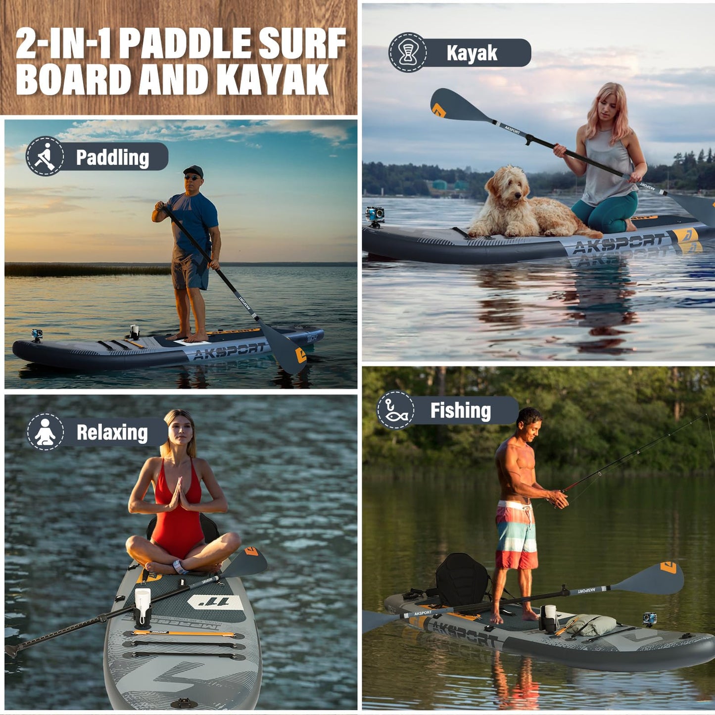 AKSPORT 11' Inflatable Stand-Up Paddle Board with Upgraded SUP Accessories Kit | Extra Wide 34" Design | Non-Slip Deck | Premium SUP Board for Adults & Youth of All Levels