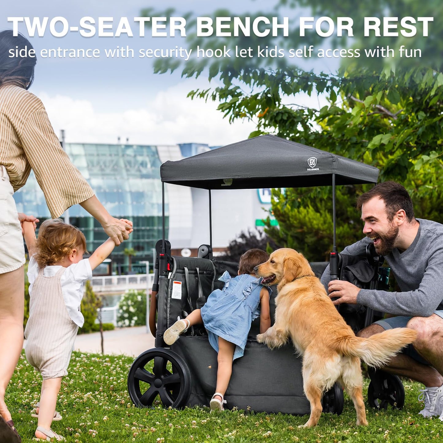 EVER ADVANCED Side-Unzip Stroller Wagon for 2 Kids - 2-in-1 Bench Mode & All-Terrain Push-Pull Wagon - Spica Cast & Special Needs Friendly - JPMA Certified, UV Canopy, Foldable for Zoo, Beach & Travel