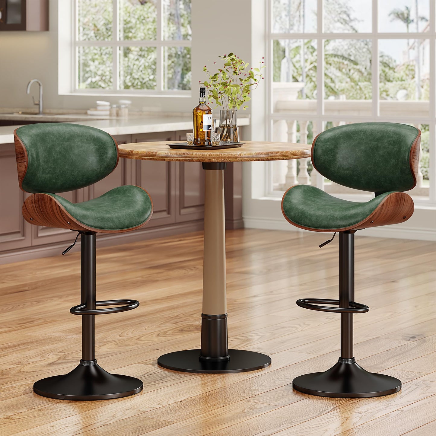 YaFiti Bar Stools Set of 4, Bentwood Adjustable Height Swivel Bar Stools, PU Leather Upholstered Bar Chair with Back and Footrest for Bar, Kitchen, Green