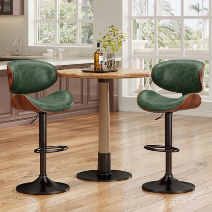 YaFiti Bar Stools Set of 4, Bentwood Adjustable Height Swivel Bar Stools, PU Leather Upholstered Bar Chair with Back and Footrest for Bar, Kitchen, Green
