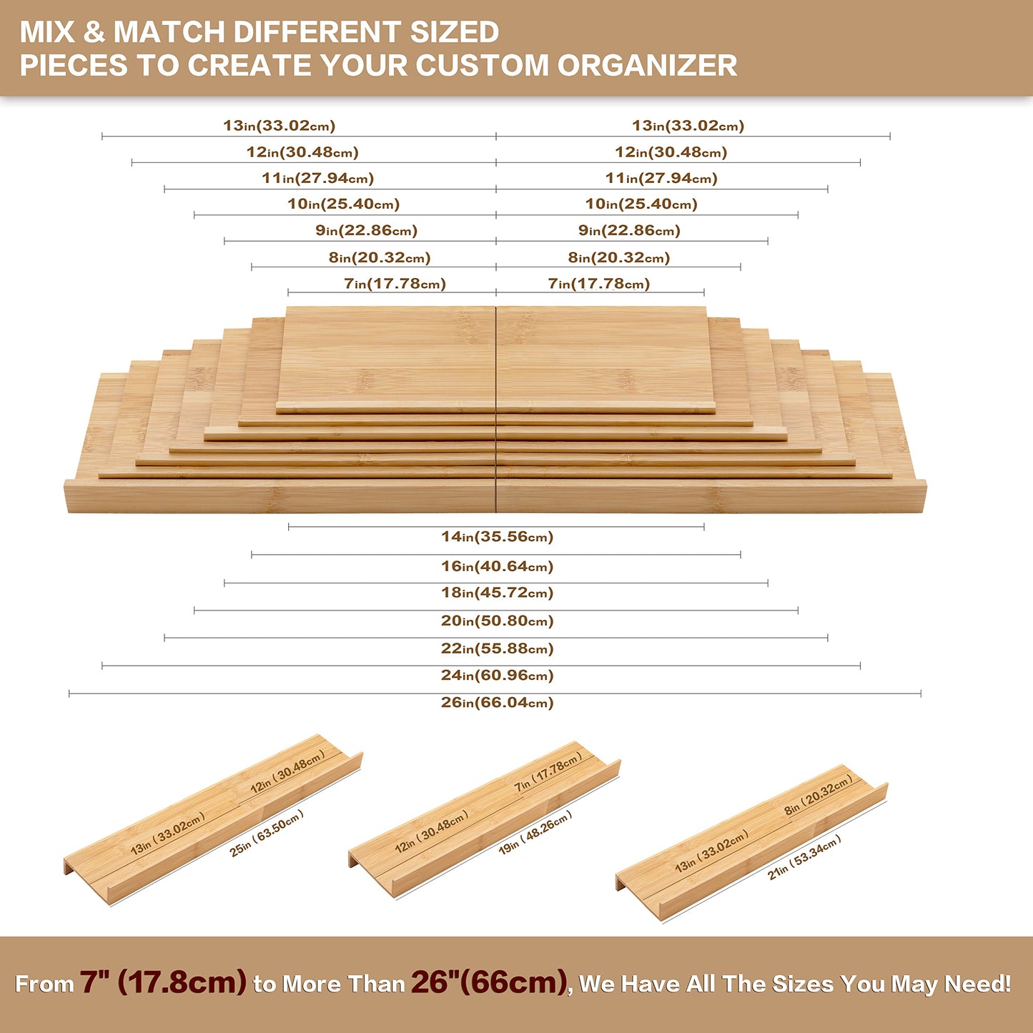 Angimio Bamboo Spice Rack Drawer Organizer - 8 Pieces Set- 9" Wide Per Piece - Combine Pieces Into 18" Wide Rack (9" or 18")