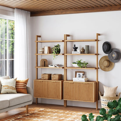 Nathan James Jasper 3-Shelf Solid Wall Mounted Bookcase, Bohemian Bookshelf with Cabinet with Fluted Doors, Set of 2