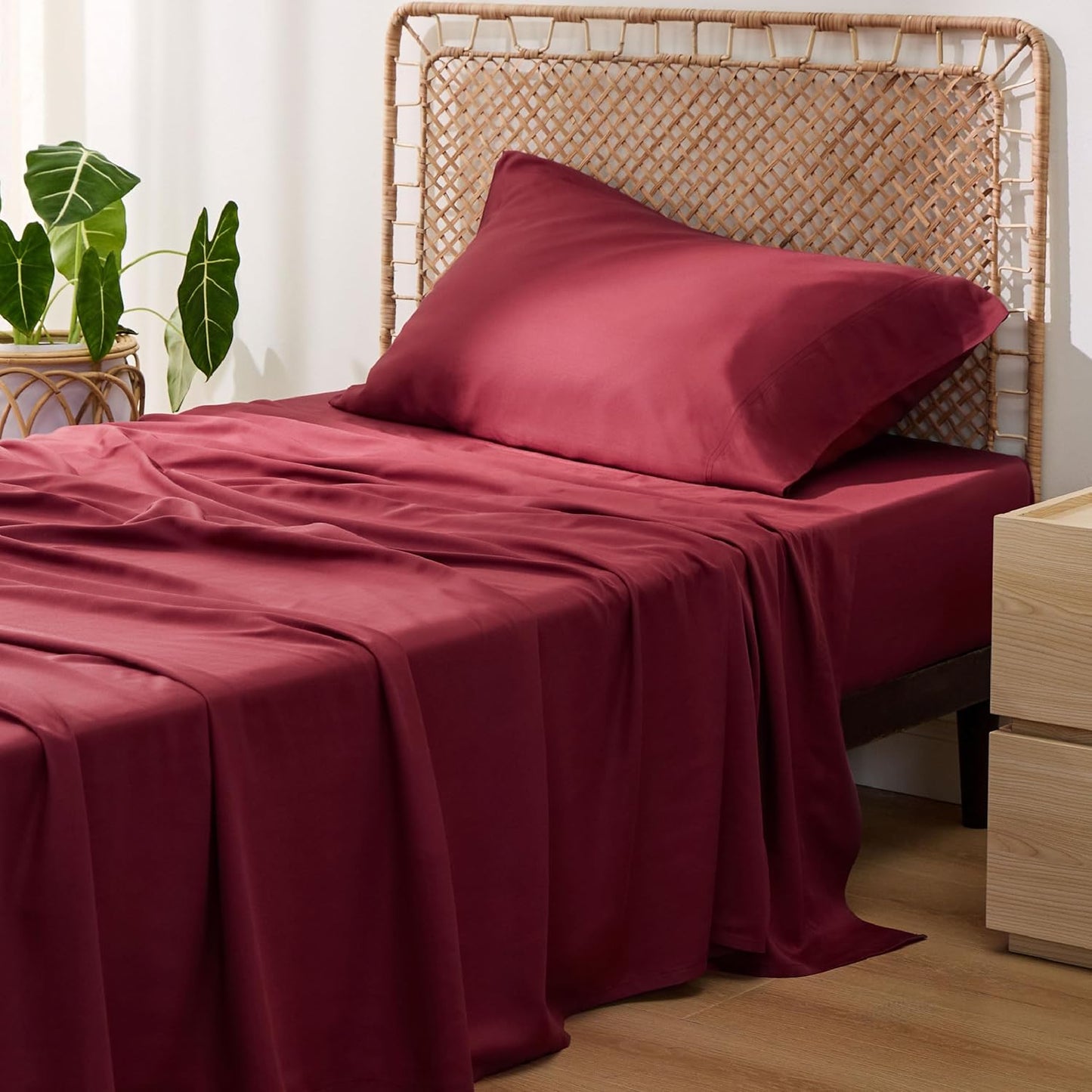 Bedsure Cooling Twin Sheets - Breathable Rayon from Bamboo, Soft & Silky, Deep Pocket Up to 16 Inches, Burgundy