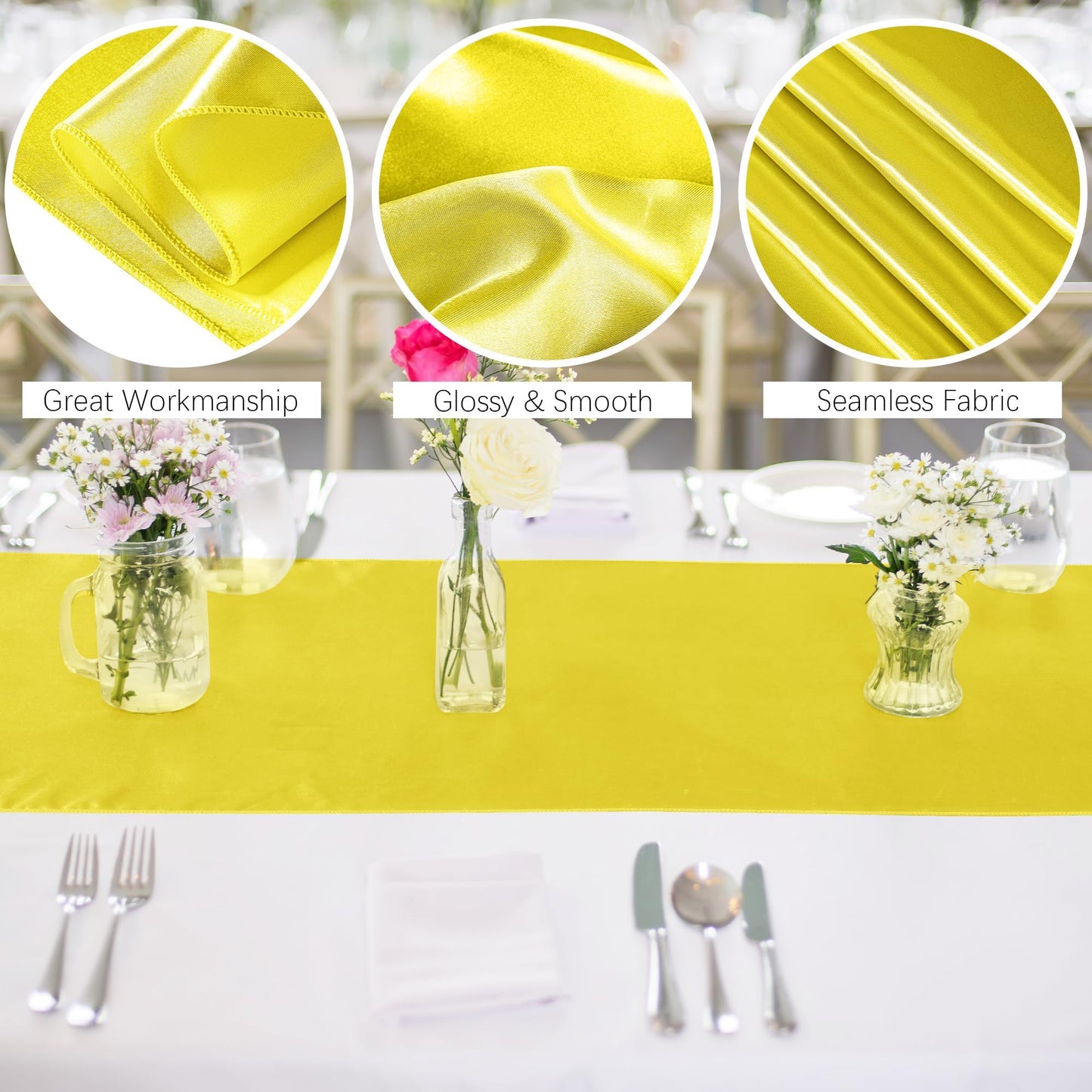 ANECO 4 Pack Satin Table Runner 12 x 108Inch Long Bright Silk and Smooth Fabric Party Table Runner for Wedding Banquet Party Decoration- Yellow