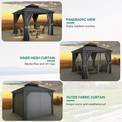 YITAHOME 10x10ft Hardtop Gazebo with Nettings and Curtains, Heavy Duty Double Roof Galvanized Steel Outdoor Combined of Vertical Stripes Roof for Patio, Backyard, Deck, Lawns, Gray