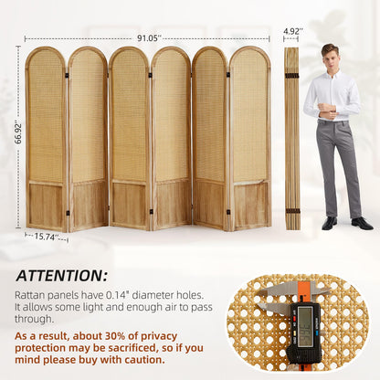 6 Panel Room Divider and Folding Privacy Screen, 5.6 Ft Foldable Double Hinged Rattan Partition, Hand-Woven Rattan Room Divider Portable Wood Freestanding Wall Divider for Room Separation - Natural