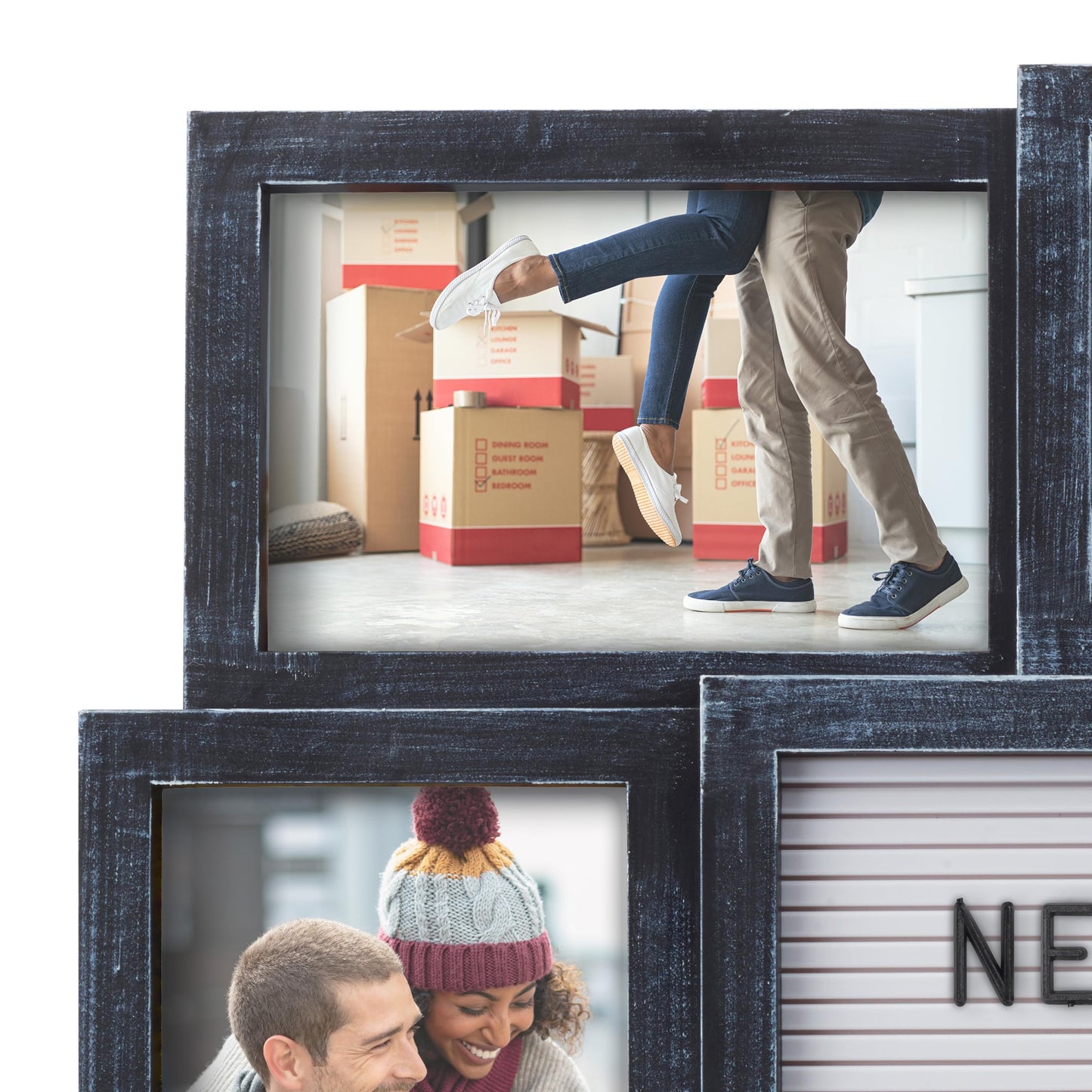MELANNCO Collage Picture Frame with Letter Board, 8 Opening Photo Display for 4x6 and 4x4 Photos, 19 x 17 Inch Wall Decor with 144 Changeable Letters, Numbers and Symbols, Distressed Black