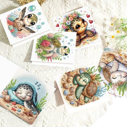 antor 6 pcs Diamond Art Painting Greeting Card Kits, Animal Cute Turtle Design Irregular Shapes Diamond Art Fine Glitter Greeting Cards with Envelopes, Clay Glue, Pen, and Bead Bag for Creative Gifts