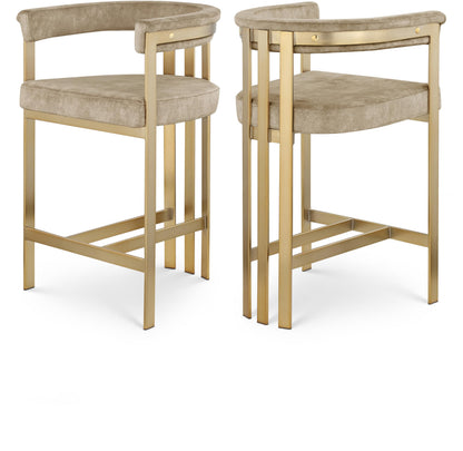 Meridian Furniture 596Beige-C Marcello Collection Modern | Contemporary Velvet Upholstered Counter Height Stool with Brushed Brass Iron Frame, 22.5" W x 20" D x 35.5" H, Beige, Set of 2