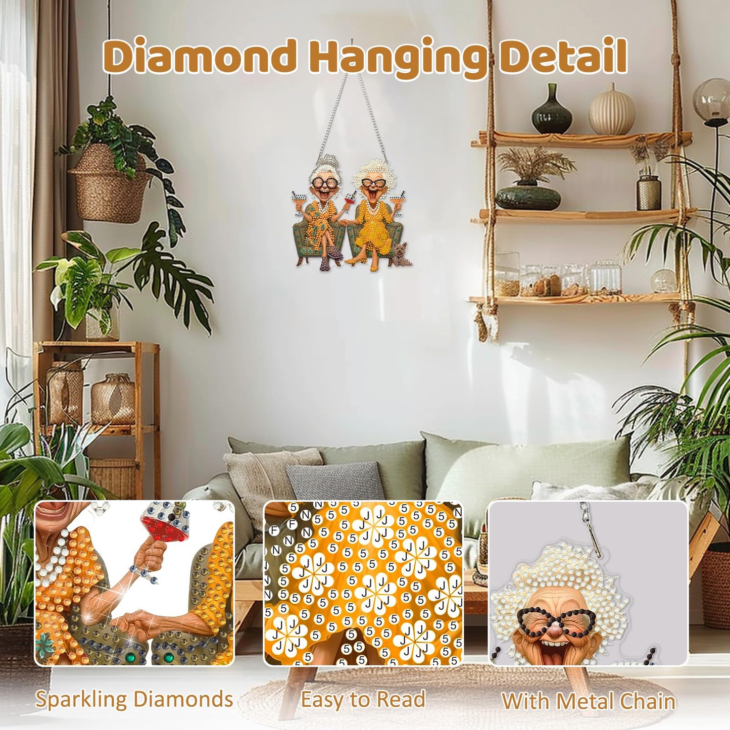 MEIYUDA Grandma Diamond Art Hanging Kits for Adults, Happy Grandma Diamond Painting Suncatchers Kit Ornaments, DIY Special Shaped Rhinestone Window Pendants Kit for Home Garden Wall Decor Gift