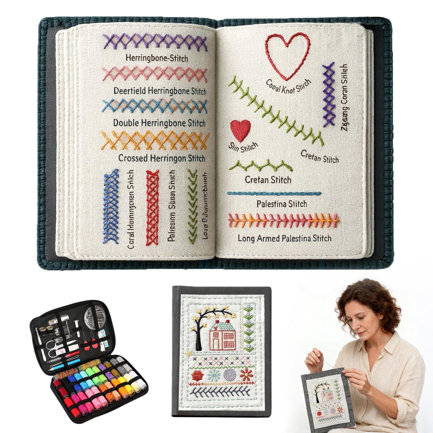 Embroidery Stitch Book Kit for Beginners, 106 Patterns with 86-Piece Tools, Portable DIY Learning Book with Video Tutorials, Mindfulness Hand Embroidery Starter Kit for Adults, Relaxing Craft Gift