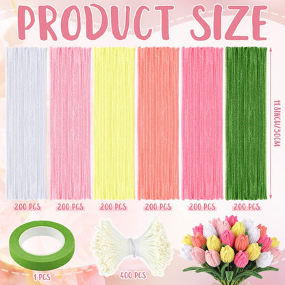 Teyva Daily 1200 Pcs Pink Pipe Cleaners Craft Flower Pipe Cleaner Bulk Flower Kit 6 Color Chenille Stems Floral Making Kit with Floral Wires Gardening Tape Stamen Ribbon for Art and Craft Supplies
