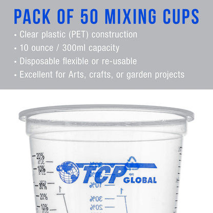 TCP Global 10 oz. (300ml) Graduated Plastic Mixing Cups - Box of 50 with 50 Mixing Sticks - Disposable Plastic Measuring Cups for Liquids, Paints, Resin, Epoxy, Art, Kitchen - Ratios 2-1, 3-1, 4-1 ML