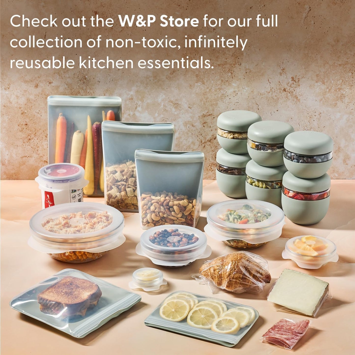 W&P Porter Silicone Reusable Storage Bag, Sandwich (36oz Stand-Up), Cream Food Storage Container, Microwave Safe