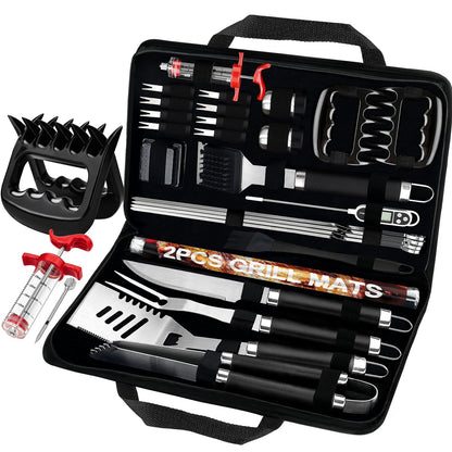 POLIGO 28Pcs Grilling Accessories in Bag with Meat Injector, Barbecue Claws, Mats, Thermometer for Smoker, Camping BBQ Grill Utensils Set Dad Gift for Fathers Day Birthday Grilling Gifts for Men Black