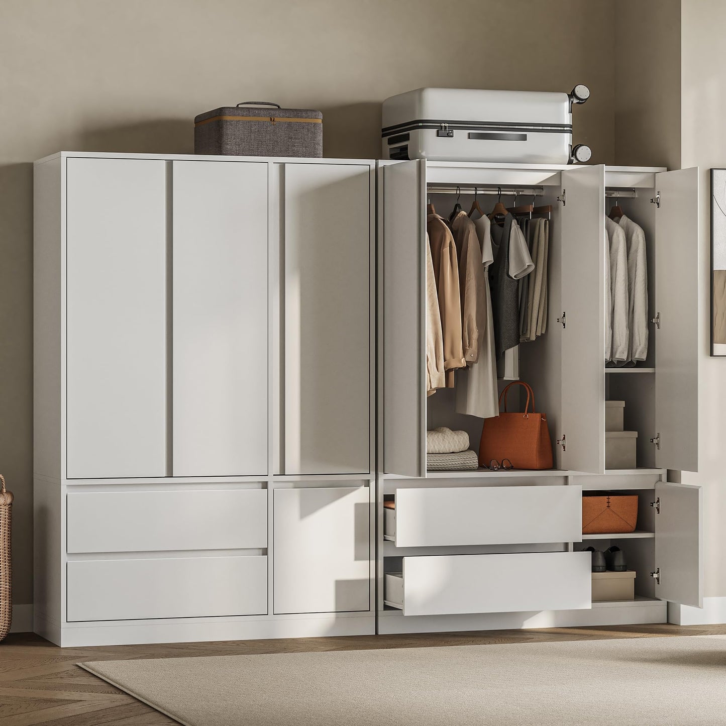 IRONCK 47.2" Armoire Wardrobe Closet with Drawers, White Armoire with Hanging Rods & DIY Adjustable Shelves, Modern Wardrobe with Soft-Close Hinges, Freestanding Closet for Bedroom
