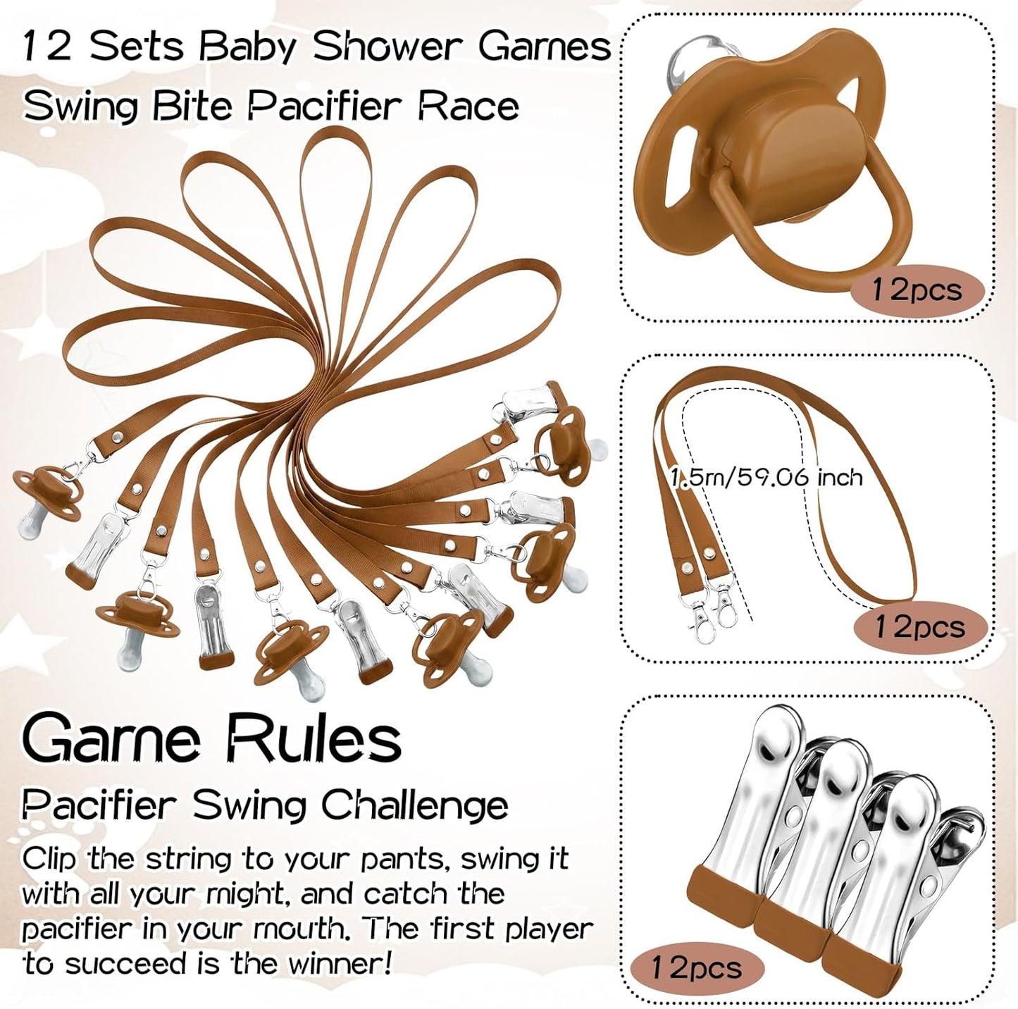 12 Sets 1 12 Geelin Swing Pacifier Baby Shower Games Funny Gender Reveal Games, Include Wooden Sign and Plastic