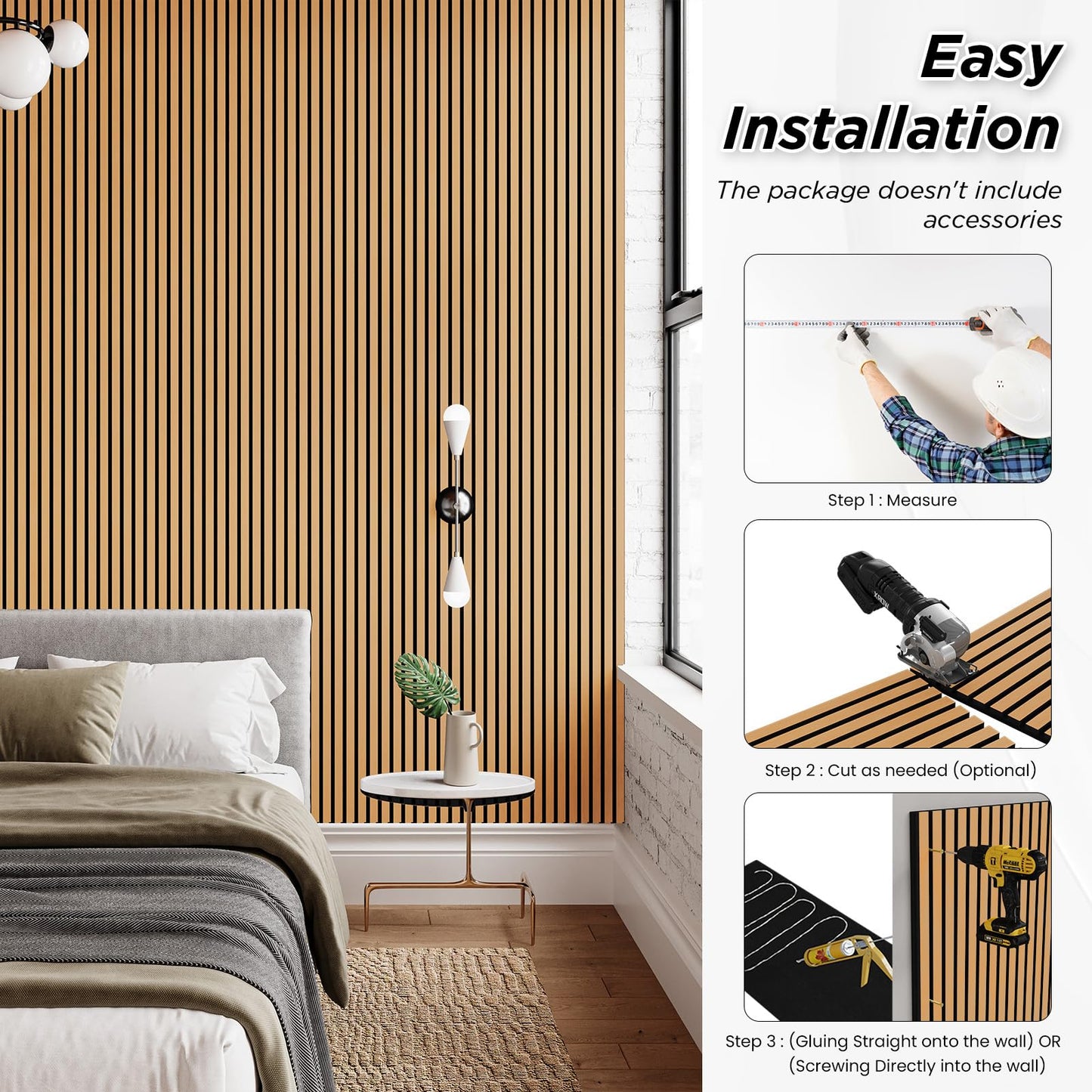 Smartstandard 4 Pack 106" x 12.6" Wood Slat Wall Panels, Soundproof Wooden Wall Panels, Acoustic Wood Panels for Wall, 3D Fluted Wooden Panels for Interior Wall Decor, Light Brown
