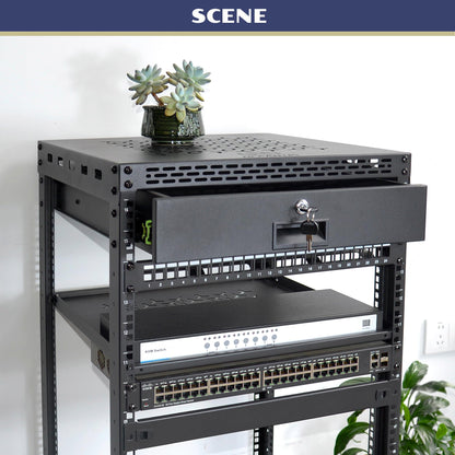 OCEANHUG 16U Server Rack Cabinet with Drawer & Full Size Rack Shelf - Integrated Top/Bottom Panels, 4 Rolling Wheels for 19" Equipment & Home Lab Studio