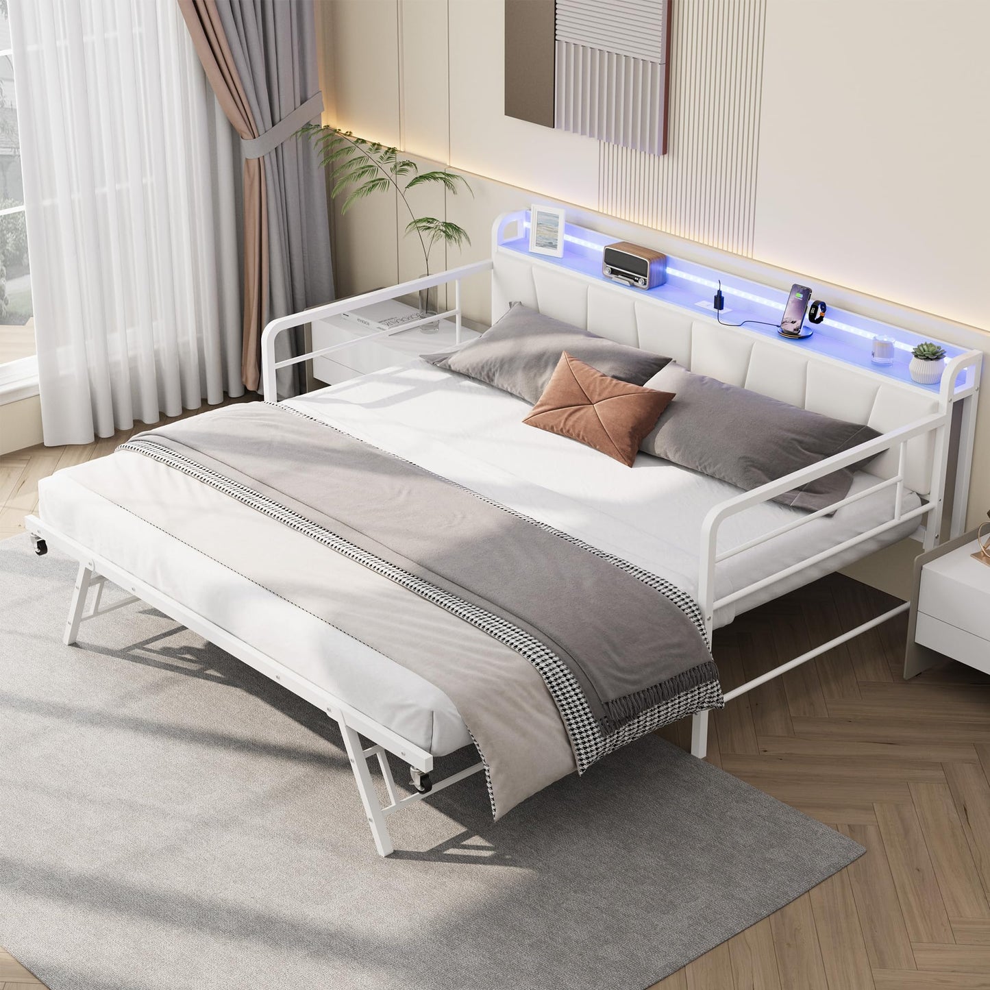 Garvee Twin Daybed with Trundle, Charging Station and LED Light, Linen Upholstered Storage Headboard, Heavy Duty Metal Bed Frame with Pop Up Trundle Bed for Living Room, Bedroom, and Guest Room, White