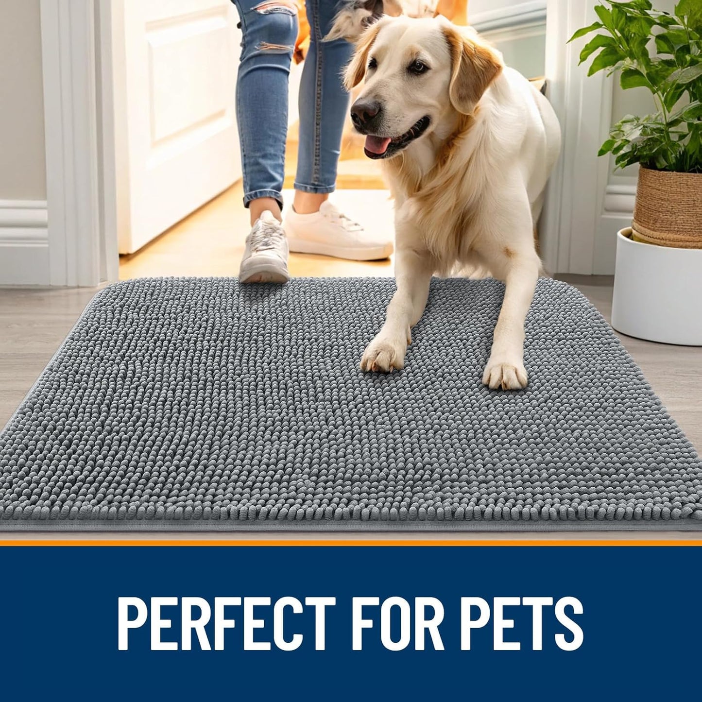 OLANLY Dog Door Mat Set - Absorbent Non-Slip Washable 4-Piece 30x20 Mud Mat | Quick Dry Chenille, Grey