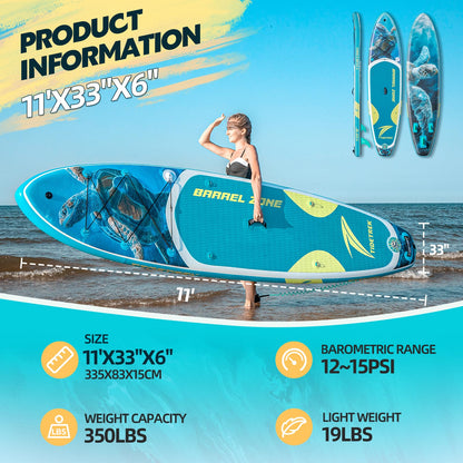 TIDETREK 11'/11'6" x 33"/34" x 6" Inflatable SUP Paddle Board – Extra-Wide, Stable Stand Up Paddle Board with Premium Full Accessory Set for Adults & Youth (Blue Turtle, 11'x33 x6)