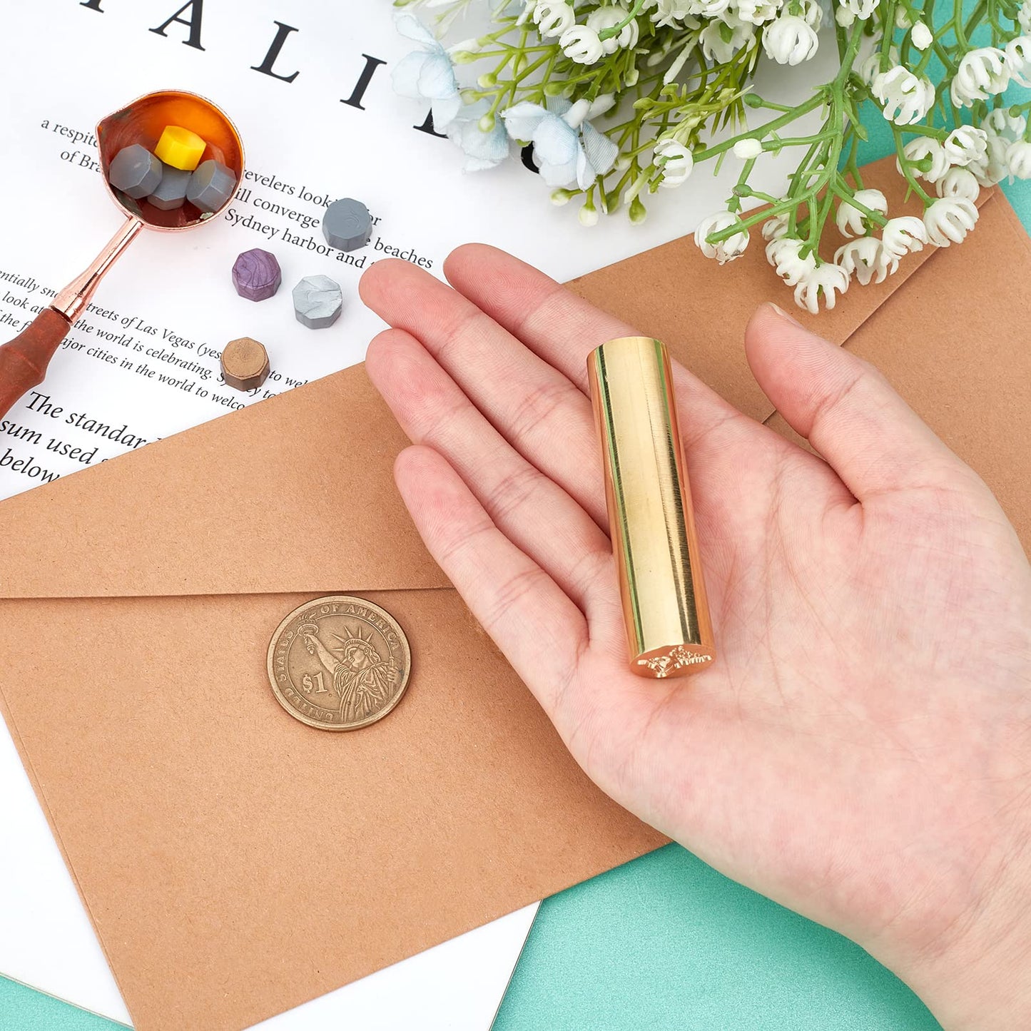 CRASPIRE 15mm Wax Seal Stamp Mini 2 Sides Pattern Brass Sealing Stamp Lily of The Valley Eucalyptus Leaves Vintage for Wedding Invitations Envelopes Halloween