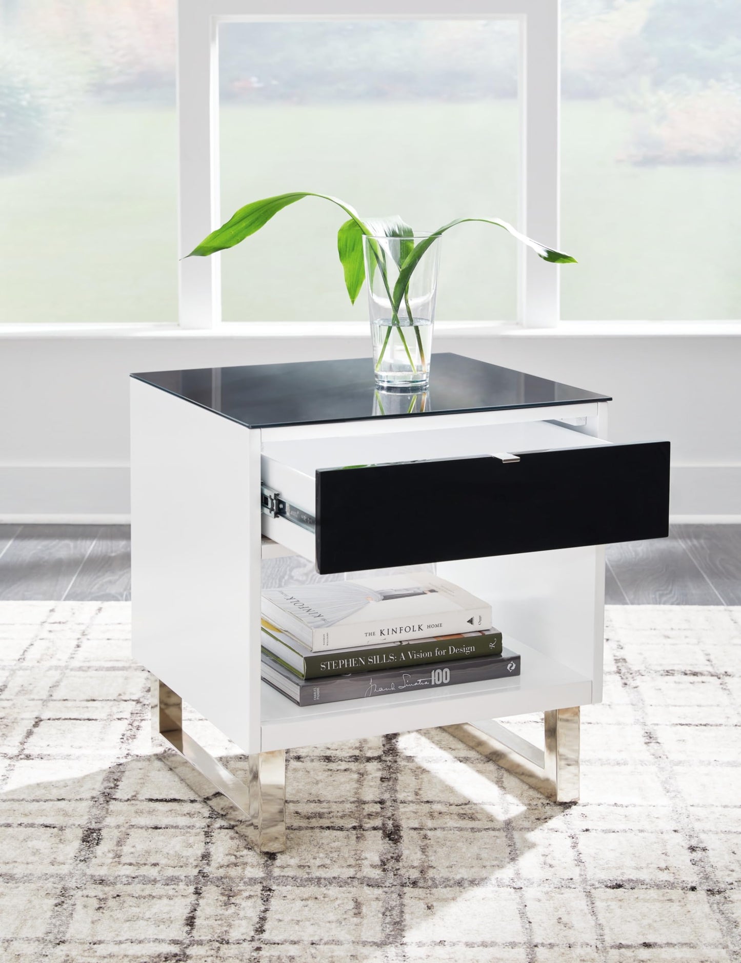 Signature Design by Ashley Gardoni Modern Glass-Tabletop End Table with 1 Drawer, Open Shelf, and High Gloss Finish, White & Black